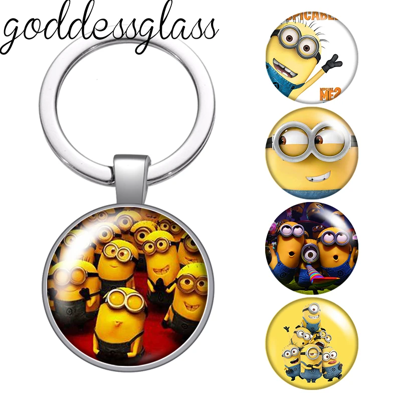 MINISO Funny Minions Stuart Kevin Bob Gru photo glass cabochon keychain Bag Car key chain Ring Holder Charms keychains earrings