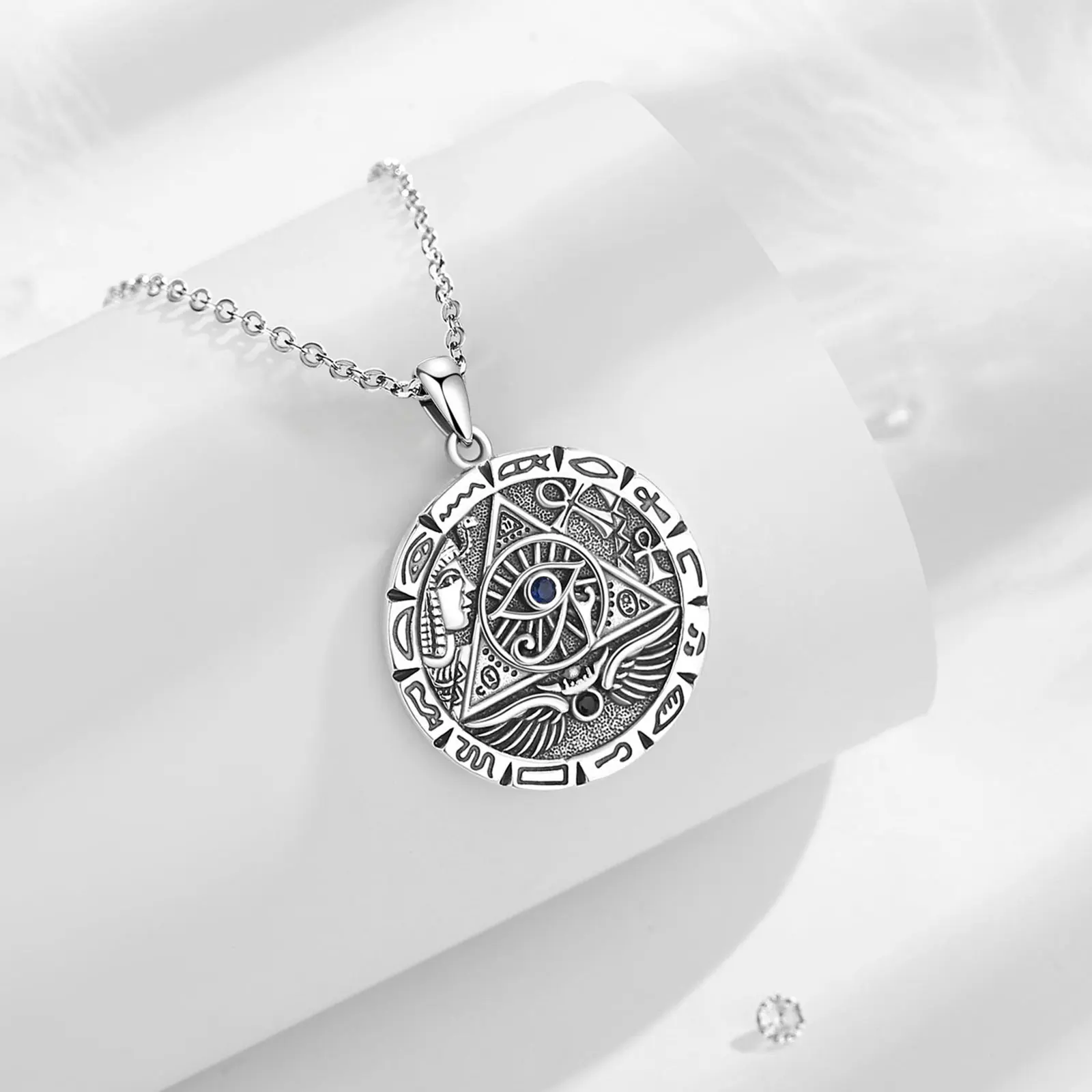 Eudora 925 Sterling Silver Egypt Pyramid All Seeing Evil Eye Illuminati Necklace Egyptian Cross Amulet Pendant Man Women Gift