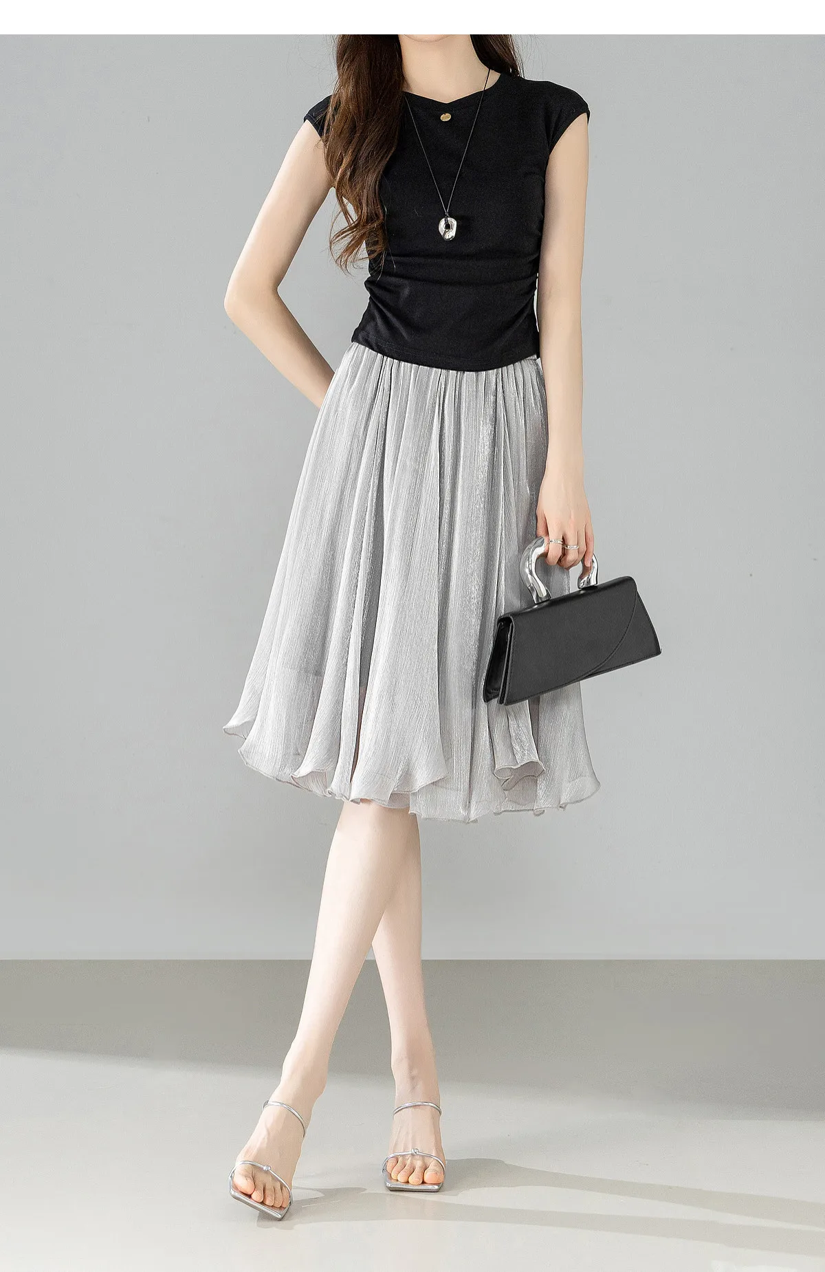 SENTUBILA Weißer Chiffon-Schimmerrock für Damen, Sommer 2026, Eleganter, Elastischer Bund, Unregelmäßiger, Lässiger Schirmrock Q62QG7308 – Detail 26