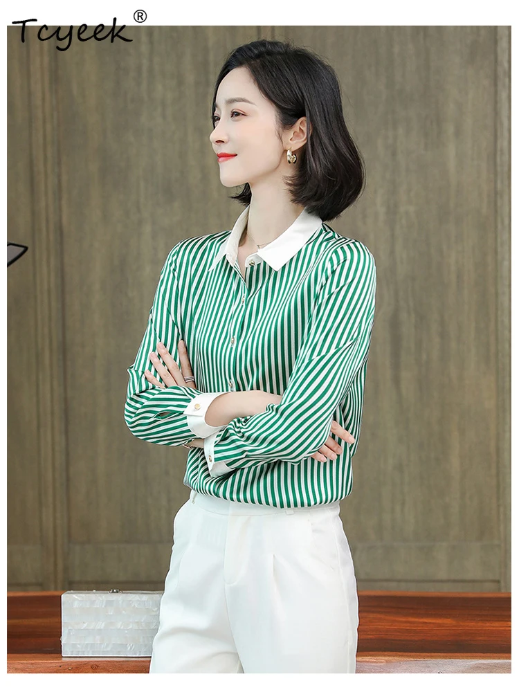 Tcyeek 2023 90% หม่อนผ้าไหมฤดูใบไม้ผลิผู้หญิงลายเสื้อTurn-DownคอยาวแขนยาวลําลองNicheเดินทางเสื้อT38502FD