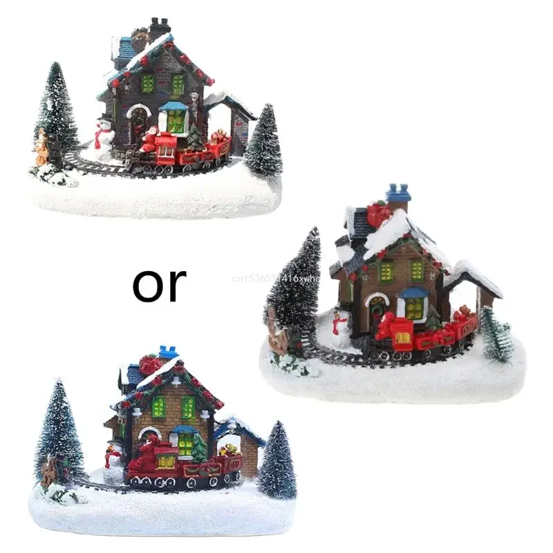 

Dropship Snow Figurines Resin Desktop Ornament Decoration Christmas Train Glowing House