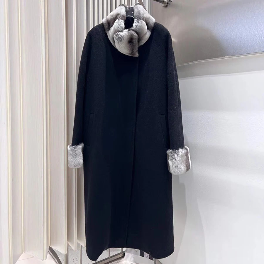 겨울 울 코트 여성용 리얼 퍼 코트 리얼 렉스 토끼털 칼라 따뜻한 캐시미어 재킷 천연 모피