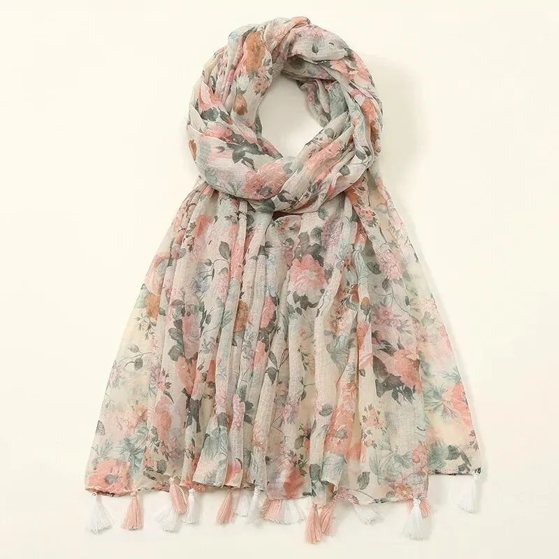 Fashion Floral Printed Cotton Viscose Tassel Shawl For Woman Muslim Hijab Beach Long Scarf Ladies Wrap Headband 180*90cm