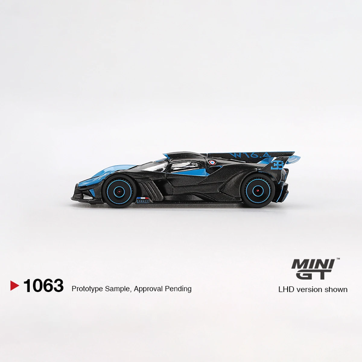 MINIGT 1:64 Bugatti Bolide Black Blue Diecast Model - close-up view