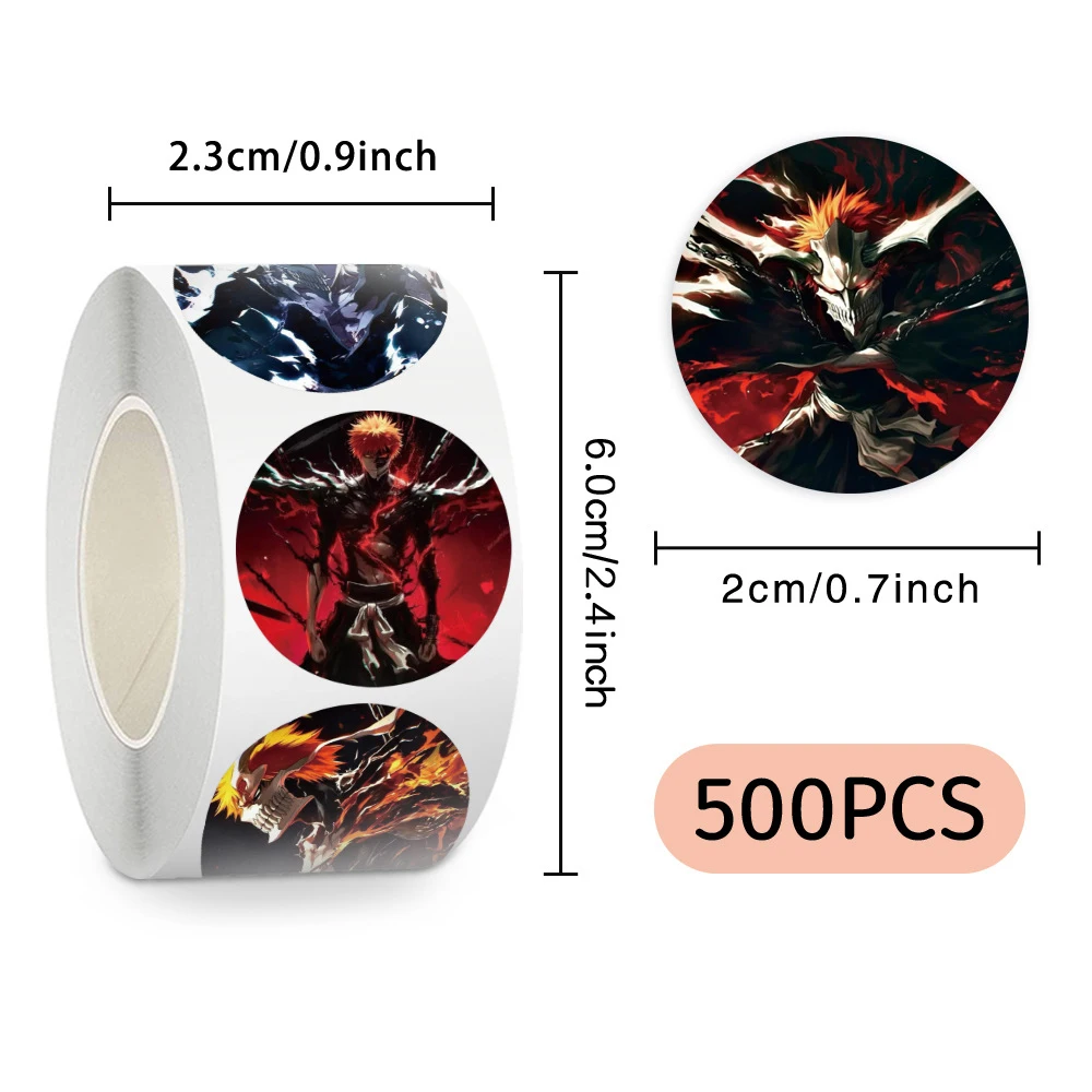 

500pcs Anime BLEACH Sealing Label Stickers Roll Cool Kurosaki Ichigo Round Decals DIY Laptop Phone Cartoon Sticker Reward Gifts