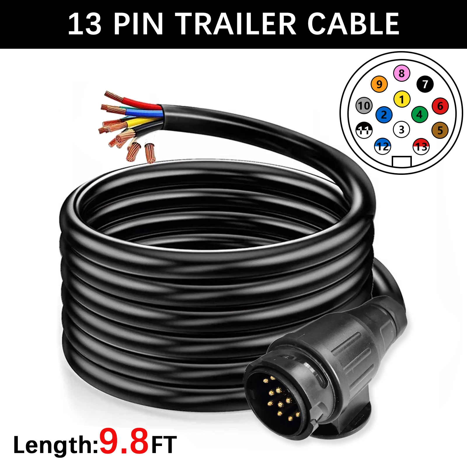 13-pins stekker, voorbedraad voor aanhangwagens, caravans, 3 meter kabelverlengconnector