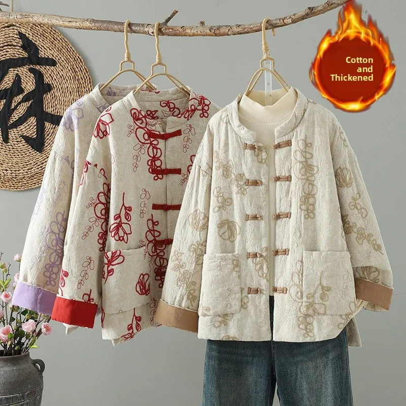 New Chinese Sle Thin Cotton Jaet Women's Autumn Winter Printed Clothes National Sle Button up Coat Long Sve Stand Co...
