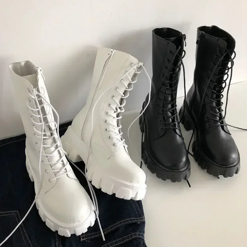 Nuevas Botas de media pantorrilla para Mujer, moda Otoño Invierno con cordones para Mujer, Botas Chelsea con cremallera, Botas para Mujer, zapatos deportivos con tacón de plataforma para Mujer