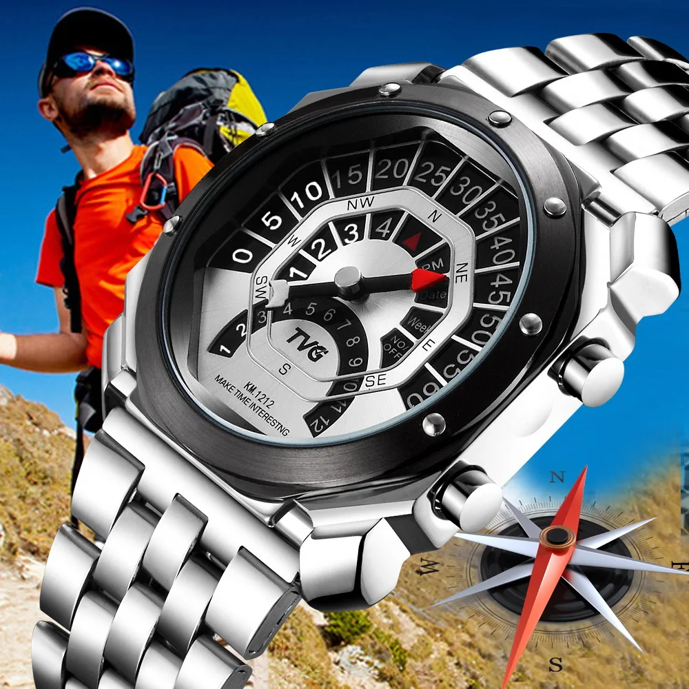 Mens watches TVG Square Watch dial Compass Hiking Mountaineering Full Steel Waterproof LED Watch Men Clock Sport Watches KM1212