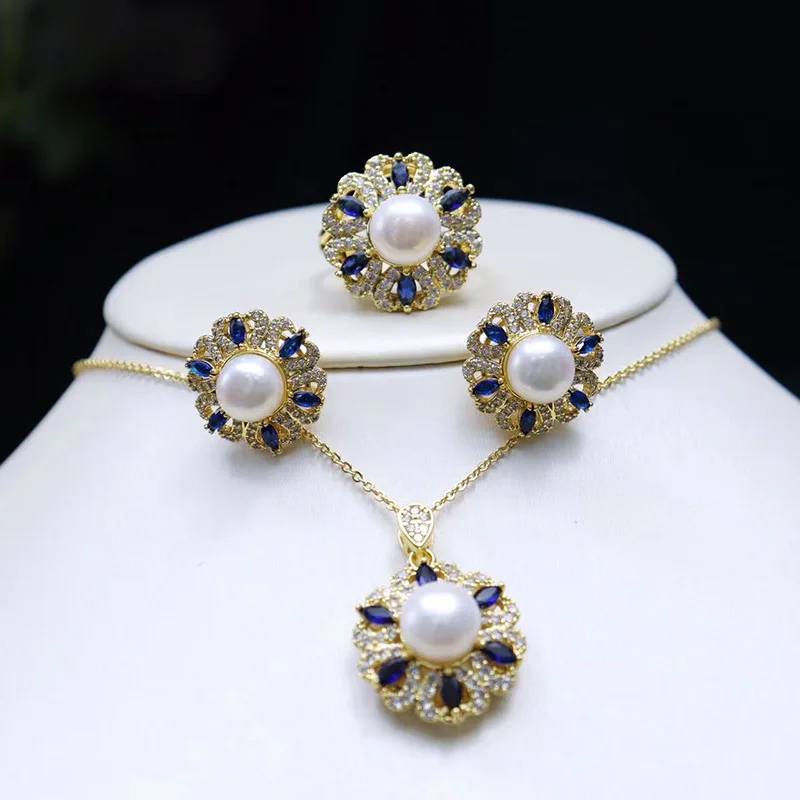 one set  freshwater pearl white/gray/pink/purple/gray/yellow/black  earring ring pendant +zircon hook