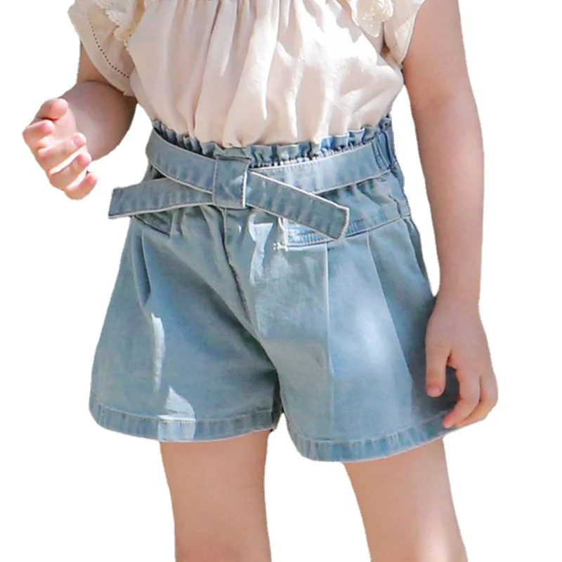 

Summer New Girls Denim Shorts Kids Elastic Waist Bowtie Sweet Trousers Children's Wide Leg Pants Girl Loose Short Jeans CC156