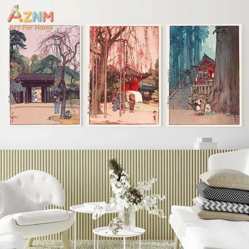 AZNM Vintage Japanese Ukiyo-e Canvas Wall Art Cherry Blossom Mount Fuji Landscape Traditional Oriental Unframed Decor Print