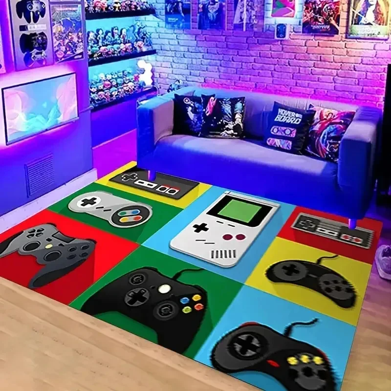 VIKAMA Retro Video Game Floor Mat Multi Color Block Game Controller Pattern Washable Anti Slip Kids Game Room Decor Carpet