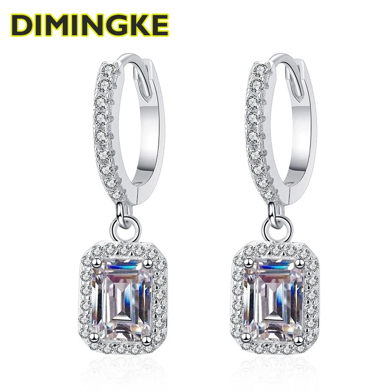 

DIMINGKE 2+2 Carat Rectangular Moissanite Earrings Super Flash D VVS Pass Diamond Test 100% S925 Jewelry Wedding Women Gift