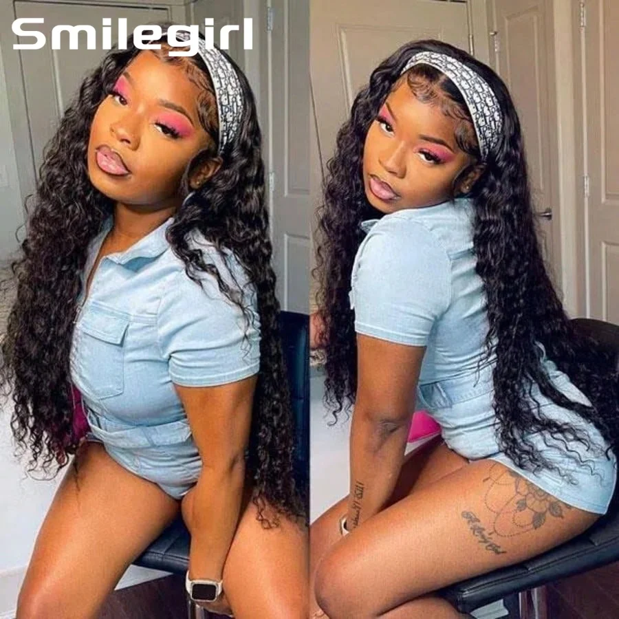 200 Density Deep Wave Human Hair Hair Headband Wig For Women Full Machine Made Curly Wig Brazilian Remy Hair Wear Go With Drawstring Seamless For Women Daily Wear