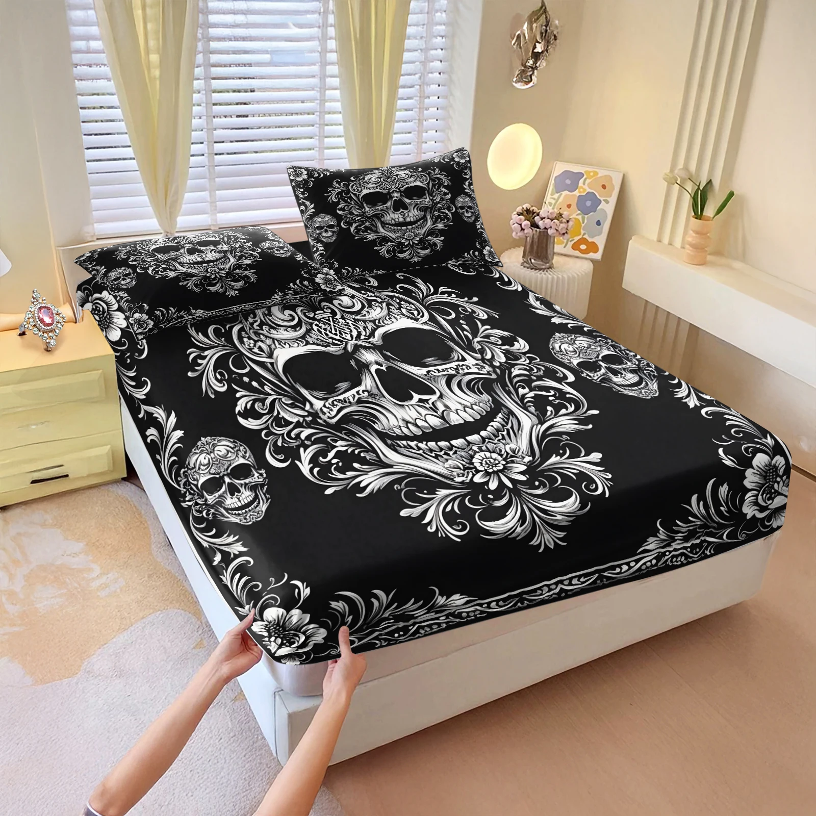 Gothic Skull Floral Fitted Sheet Set Black White Vintage Sugar Skull Damask Flower Pattern Elastic Deep Pocket Bed Sheet Bedding