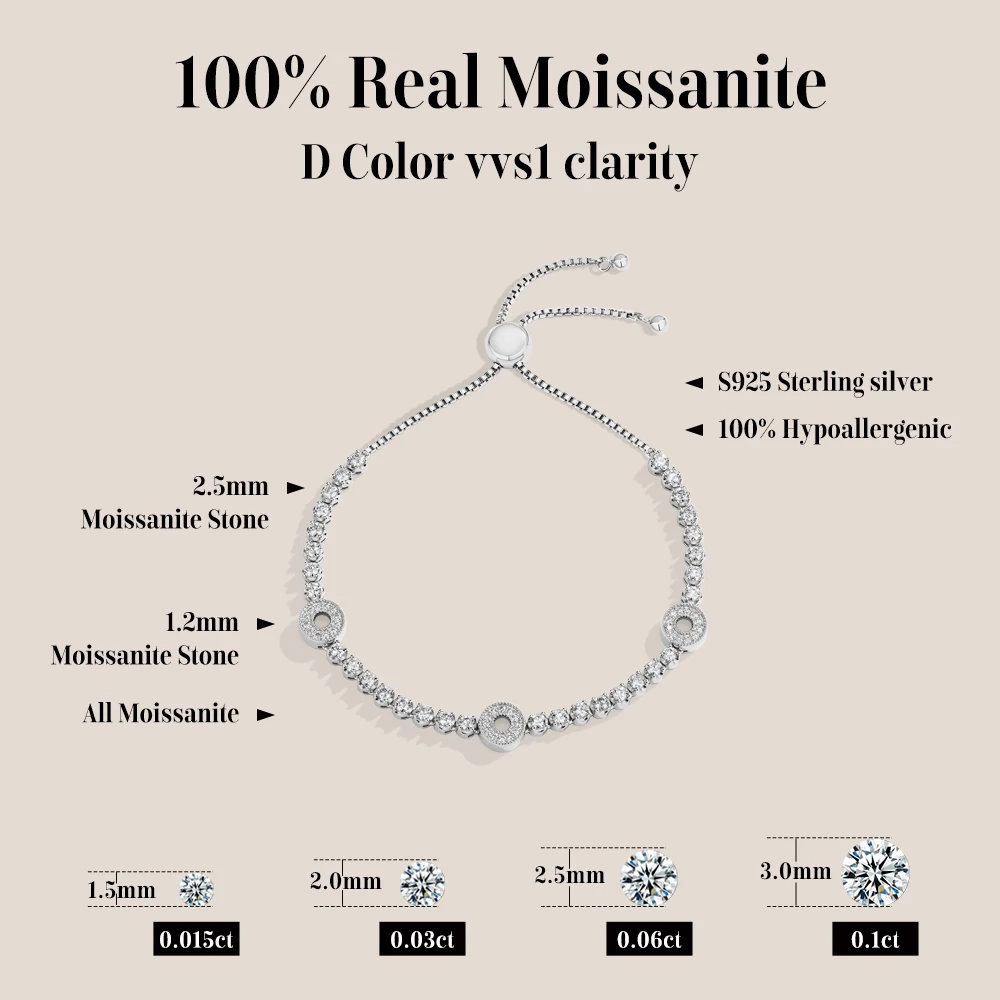 MINTYBOX Hollow Circle Paved Moissanite Bracelets for Women S925 Silver Pull‑Adjust Tennis Bracelet Dainty Wedding Party Jewelry