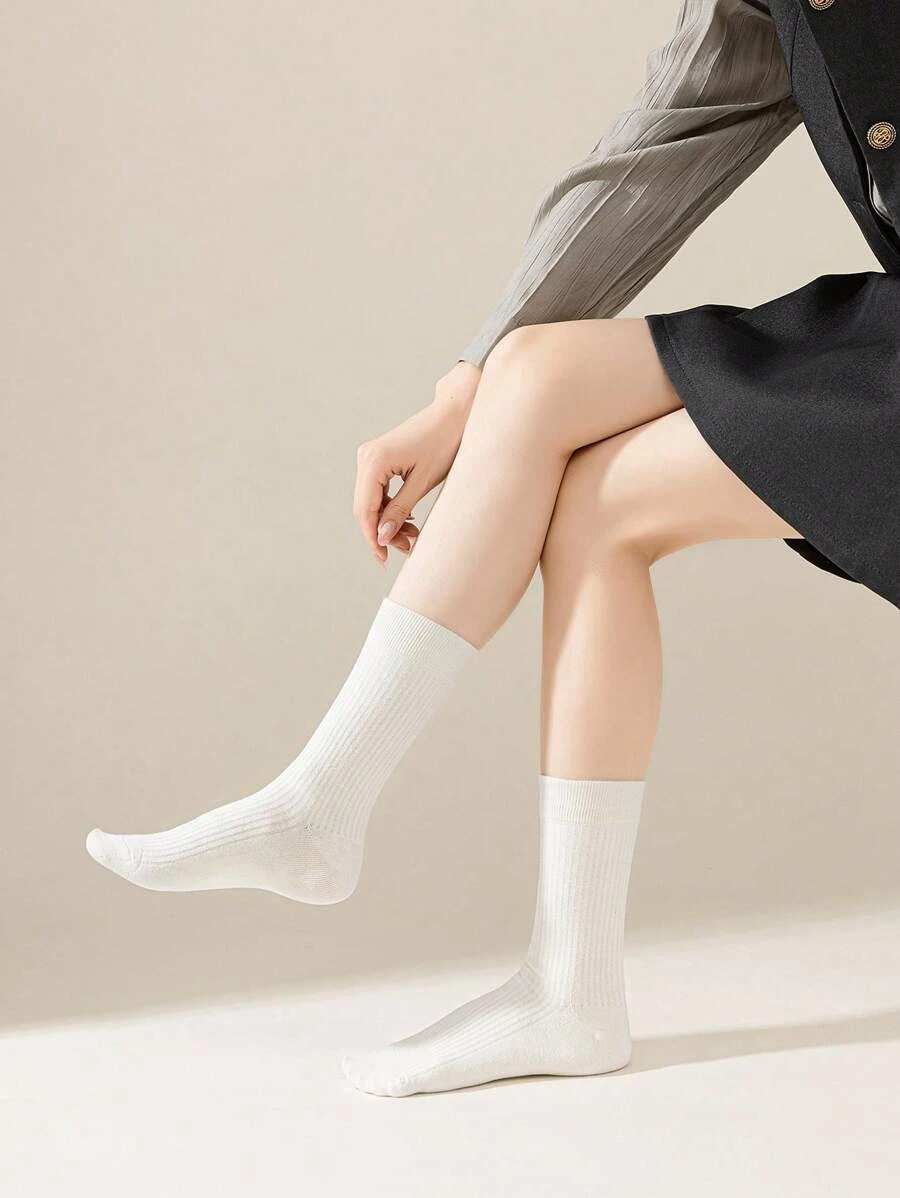 Einfarbige gerippte Crew-Socken für Damen, Frühling und Sommer, dünn, atmungsaktiv, lässig, mittelhohe Socken, Streetwear-Stil, koreanisch – Detail 2