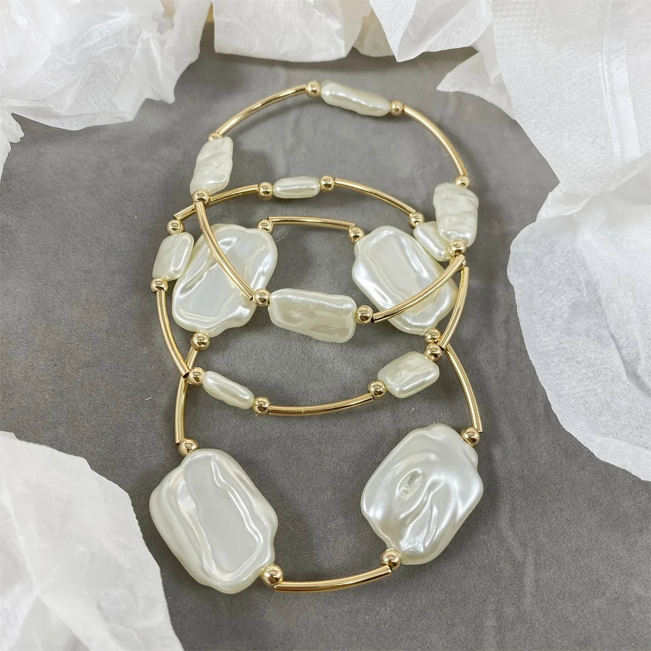 Juego de 3 piezas de pulseras de perlas barrocas irregulares, pulsera elástica con temperamento de nicho para mujer, regalos de joyería de moda para fiesta