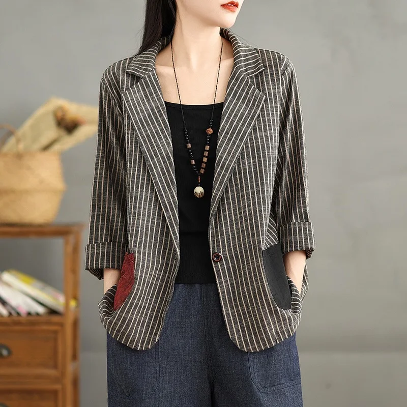 Blazers for Women Clothing Vintage Striped Linen ,Color‑block Pockets Loose Casual Thin Jacket Coat