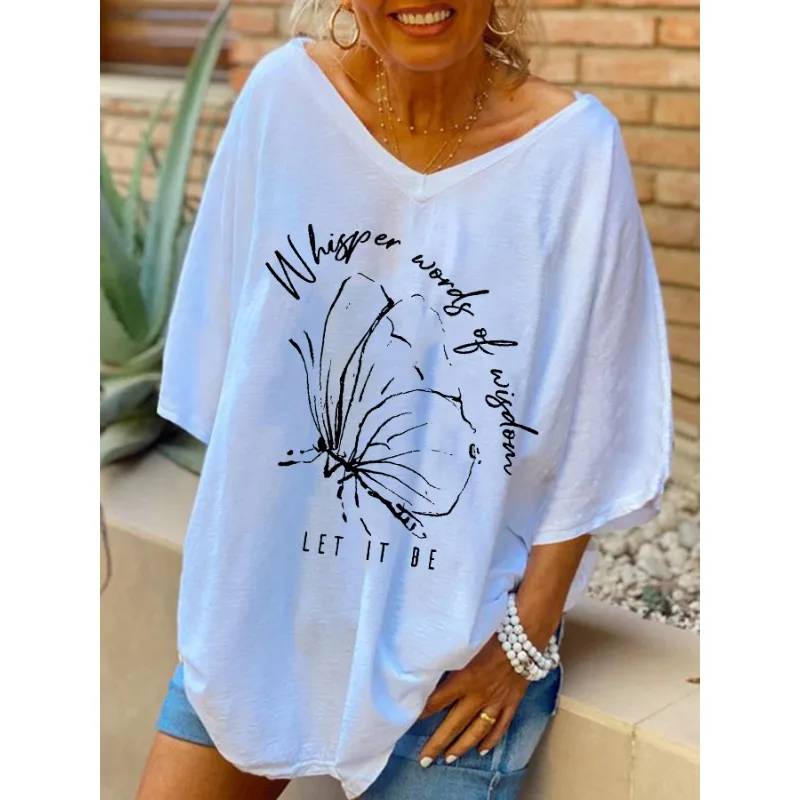 ilstile Women's Hippie Butterfly Letter Print T-Shirts Summer Short Sleeve Casual Loose V Neck Long Tops Tees New Arrival