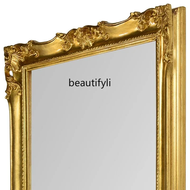 F185 European Style Full-Length Mirror Handmade Carved Vintage Floor Mirror Villa Living Room Cloakroom Full-Length Mirror