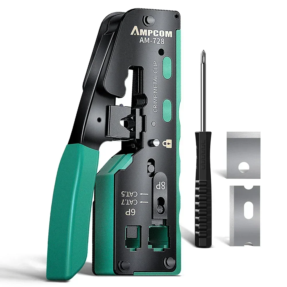 AMPCOM Cat 7 NETWERK CRIMPING TOOL CRIMP/CUT/TRIM/STRIP 4-IN-1 Werkt met alle RJ45/RJ11-connectoren Crimping Tool met twee messen