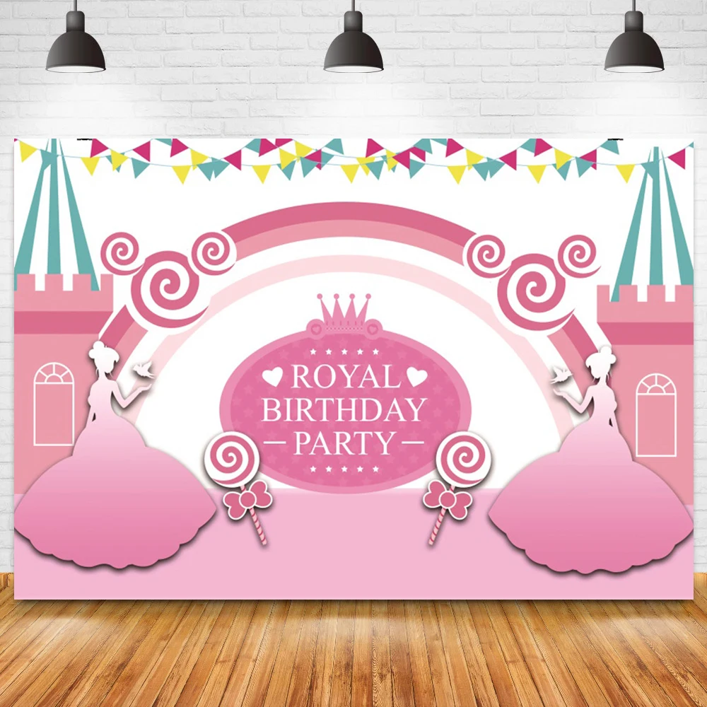 Royal วันเกิดเจ้าหญิงเด็กผู้หญิงสีชมพู Theme การถ่ายภาพฉากหลังโต๊ะเค้กแบนเนอร์ Rainbow Lollipop Baby Shower พื้นหลัง