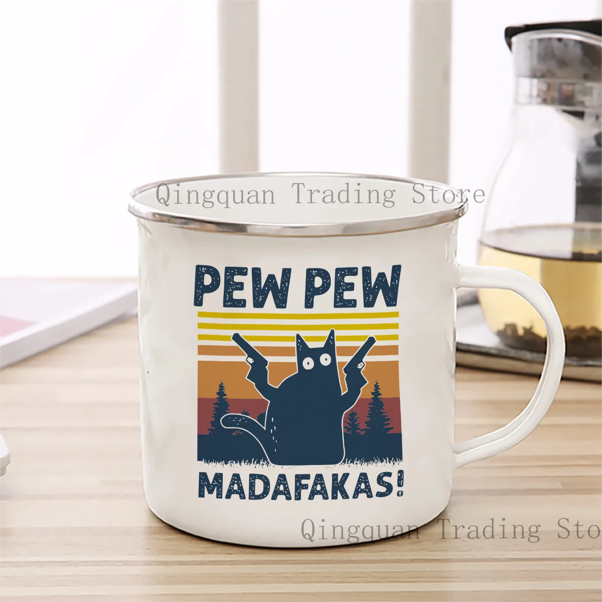 كوب بيو مطلي بالمينا كوب قهوة 11 أونصة من السيراميك والشاي والكاكاو ومقبض كوب لشرب الشاي