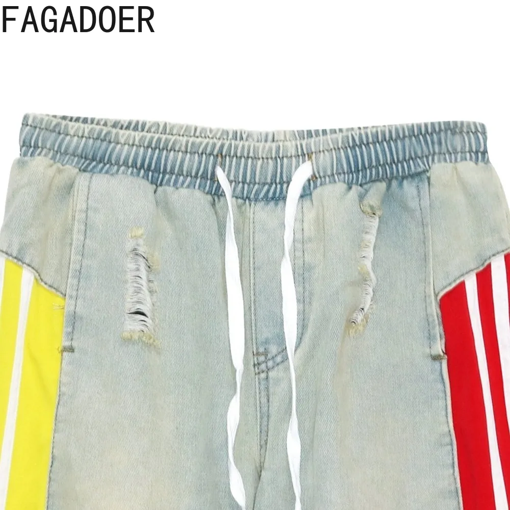 FAGADOER Autumn New Fashion Color Block Denim Pants Women Color Block Drawstring Patchwork Straight Leg Pants Female Streetwear