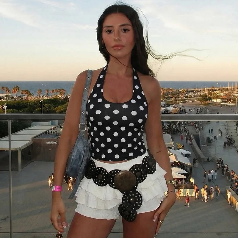

2026 Spring and Summer Women's New Black Polka Dot Printed Versatile Halter V-neck Neck Tight Vest