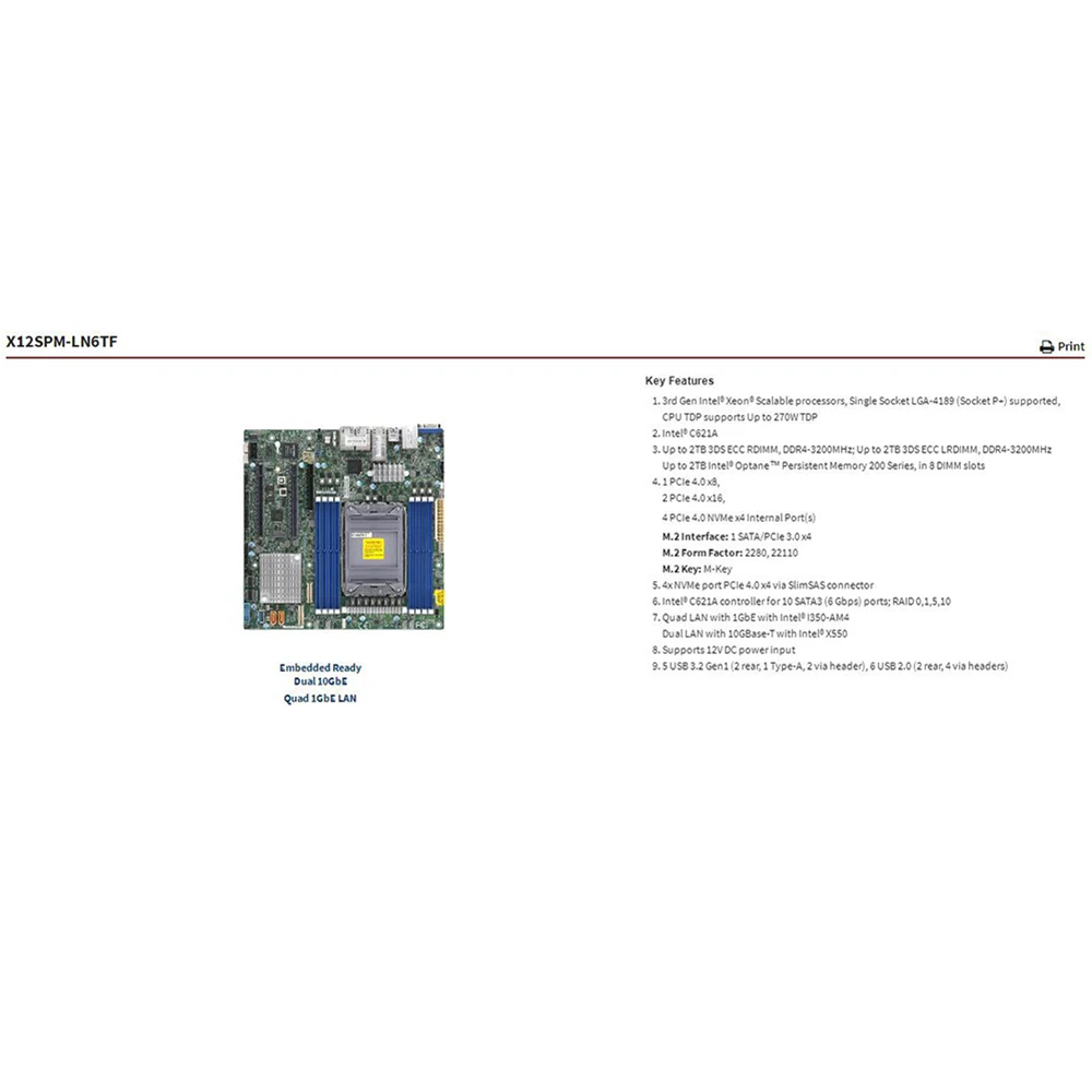 X12SPM-LN6TF For Supermicro Embedded/loT Motherboard Socket LGA-4189 3rd Gen Xeon Scalable Processors