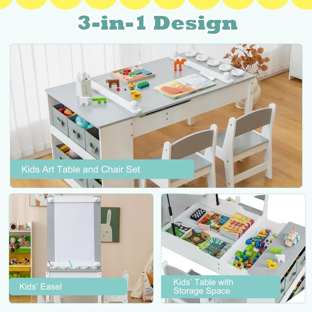 3 in 1 Kids Table and Chair Set, Wood Art Table & Easel Set w/ 2 Chairs, 6 Storage Bins, Paper Roller, Paint Cups for Draw