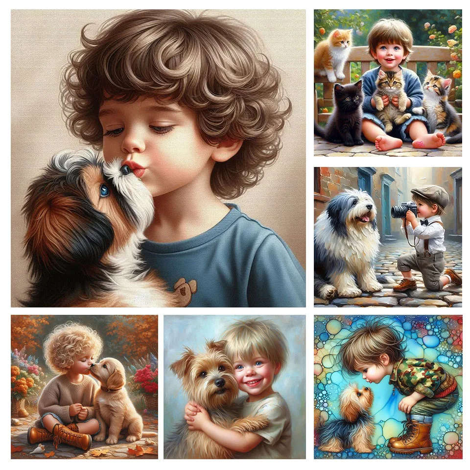 

5d diy Diamond Painting little boy and dog Full Drill Mosaic Cartoon Complete Kit animal Picture Of Rhinestones Art Home Decor