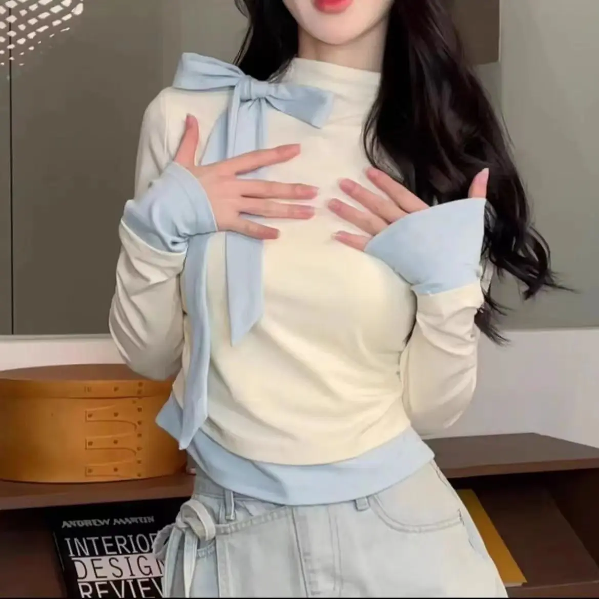 

Korean Style Bowknot Long Sleeve T-shirt 2026 New Women Spring Autumn Slim-fit Blouse Tops Sweet T-shirt White Base Shirt