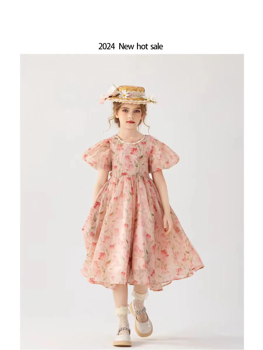 kids Holiday style dress for Girls Elegant Children Summer Chiffon Kids Flower Puff Short Sleeve Ball Gown Princess Dresses