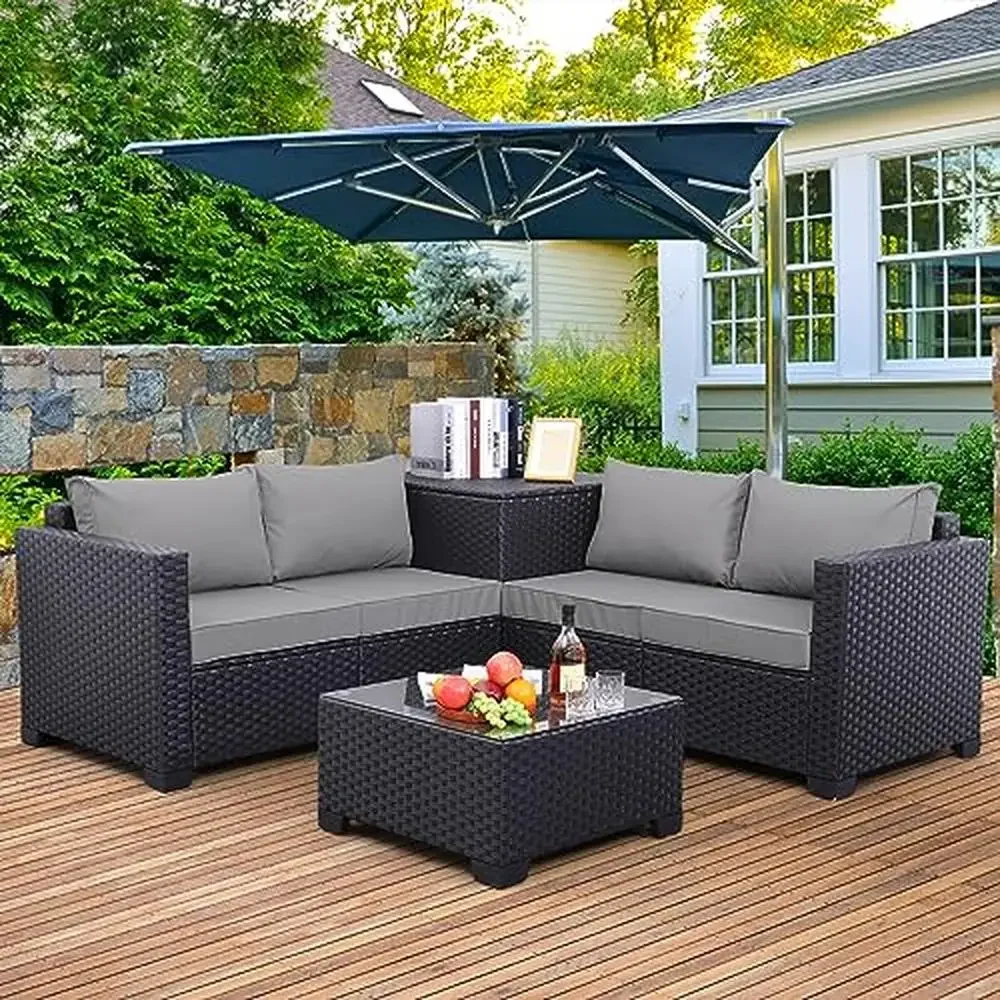 Outdoor PE Wicker Patio Furniture Set 4 Piece Sectional Loveseat Couch with Storage Box Glass Top All-Weather Rattan Comfortable