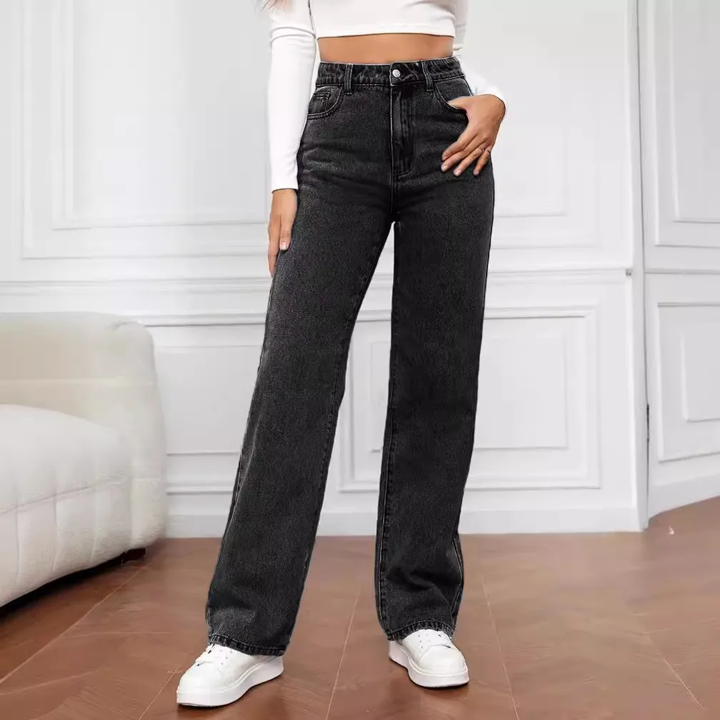 Proste jeansy damskie z wysokim stanem 2025 Nowe kieszenie na nogawce Podstawowe spodnie do kostek Y2k Denimowe spodnie Vintage Blue Washed Jeans