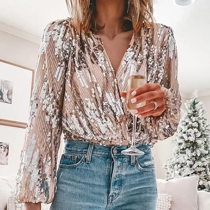 Sequin Women Blouse Shirt V-Neck Lantern Long Sleeve Fashion Woman Blouses 2023 Elegant Spring Ladies Top Female Luxury Designer