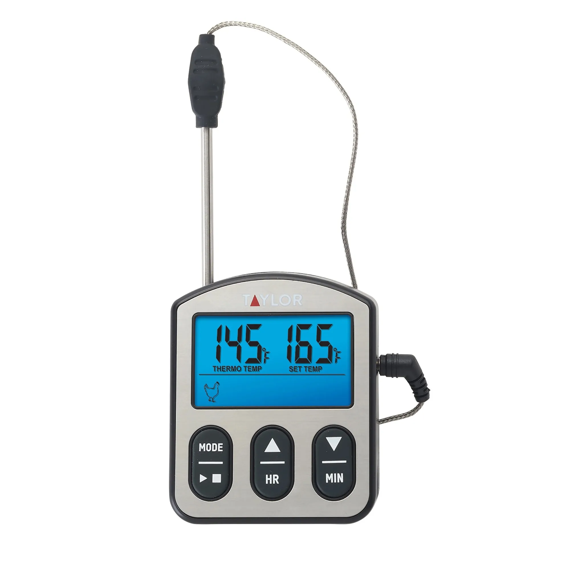 

Programmable Wired Stainless Steel Probe Digital Meat 0.3lb Thermometer with Backlight Display Screen Gray