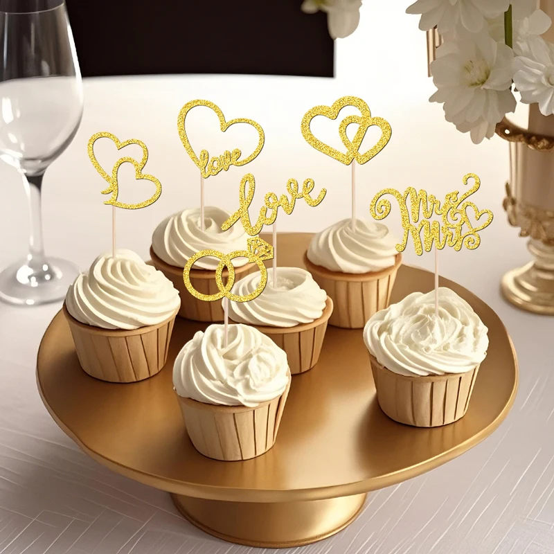 YOMDID 24 Stück Hochzeits-Cupcake-Topper, glitzernde Mr. & Mrs. Kuchenaufsätze, Doppelherzen, Liebesherzringe, Kuchenaufsätze, Hochzeitsdekorationen – Detail 8