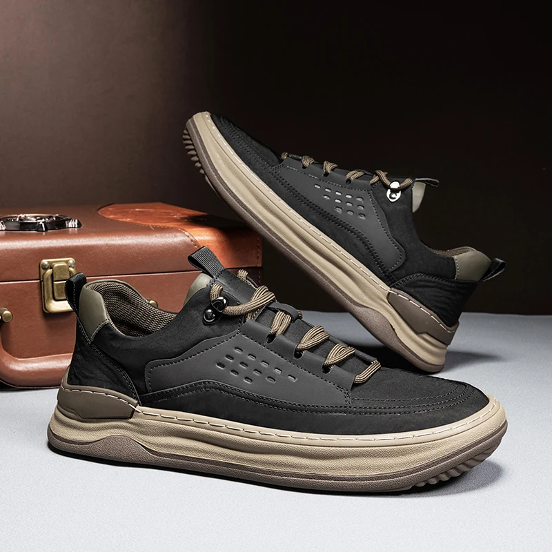 

Men's Autumn New Arrival Black Leather Shoes - Breathable Thick-Sole Stylish Sneakers, Casual & Sporty, Versatile & Lightweight