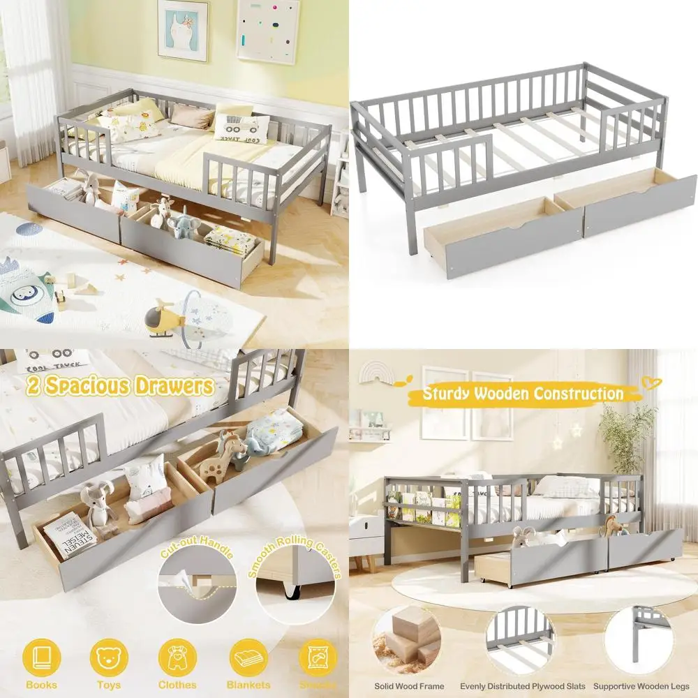 

Серая односпальная кровать-софа с боковыми полками и выдвижными ящиками, не требует пружинного блока, с ламелями из массива дерева, для детей и подростков