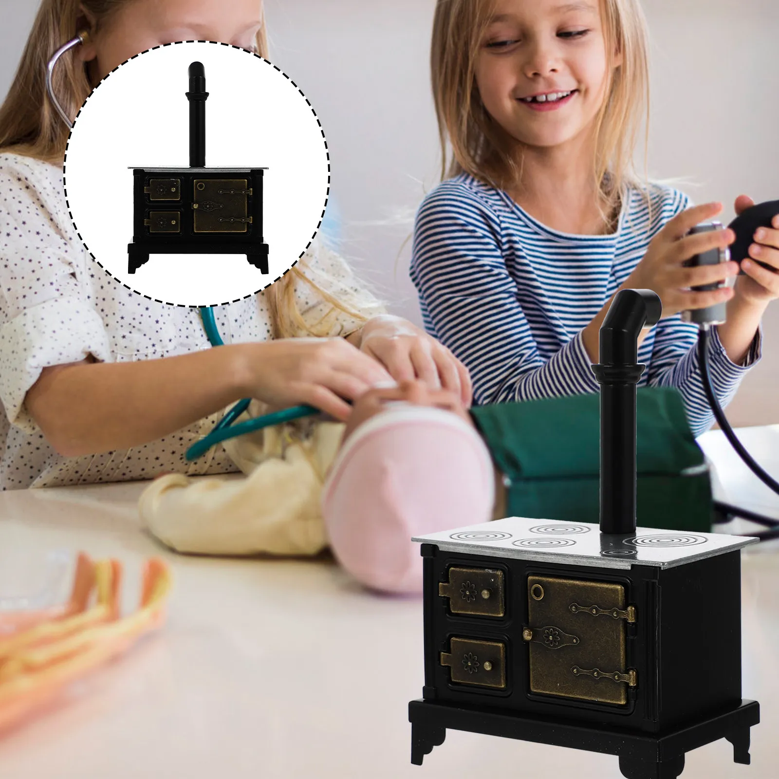 

Miniature Iron Cooking Bench Mini House Kitchen Decoration Long Chimney Hearth Adornment for Realistic Scene Layout Mini House