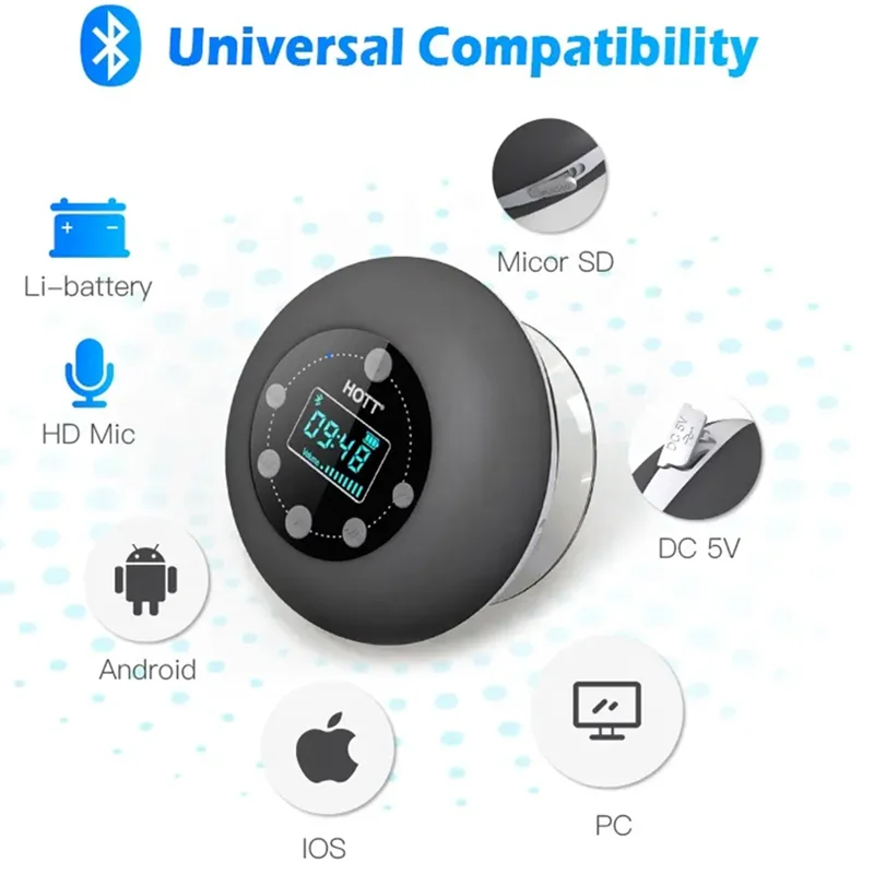 Portable Mini Waterproof Bluetooth Shower Speaker with FM Radio Suction Cup LED Clock DisplaySurround Stereo Subwoofer Boom Box