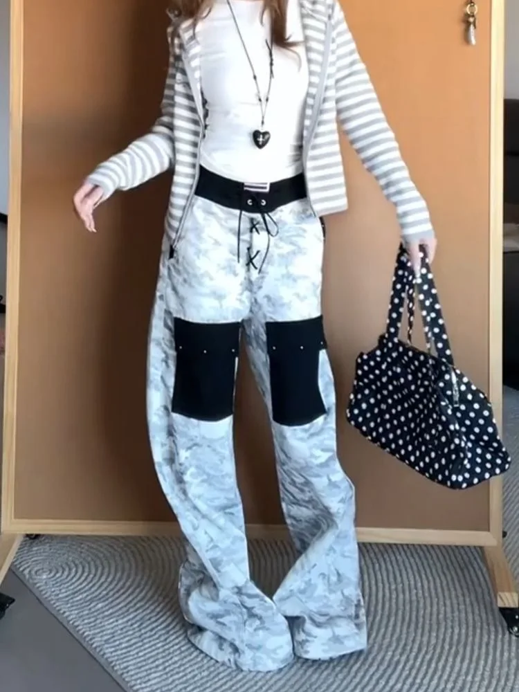 

Джинсы с двойным поясом женские, в американском винтажном стиле, свободного кроя, с камуфляжным принтом, длиной в пол, в стиле Y2K, уличная одежда, ленивый стиль