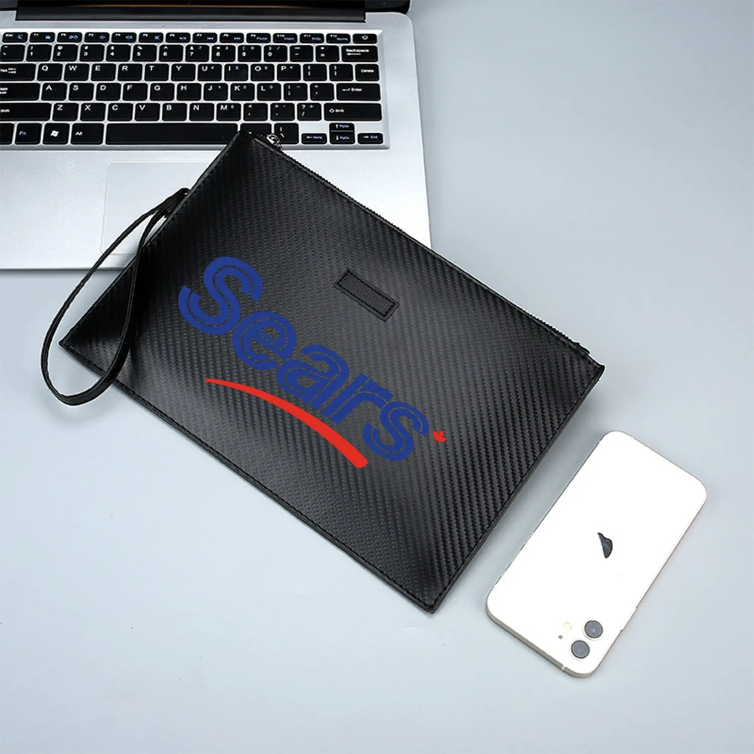 Texto azul Sears y swoop rojo Elegante bolso de mano de PU estampado para hombre, moderno y práctico para llevar todos los días