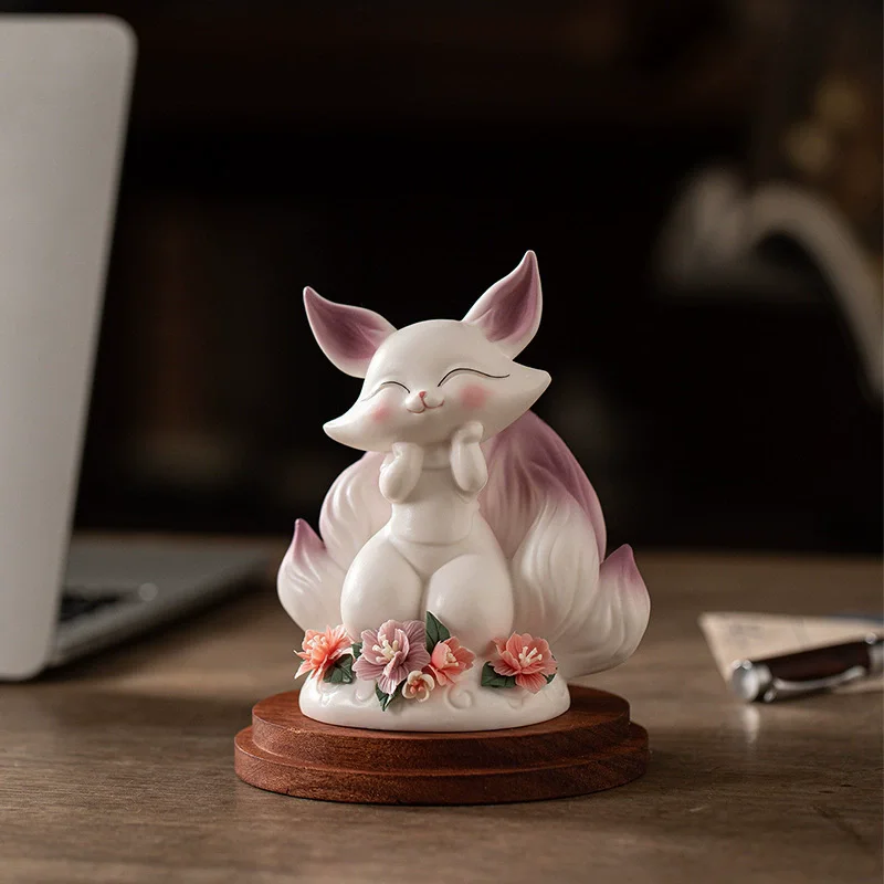 

“Nine-Tailed Fox” Enchanted Bloom - Handmade Ceramic Flower Sculpture with a Fox, Whimsical Desk Vignette for Mysterious Luck