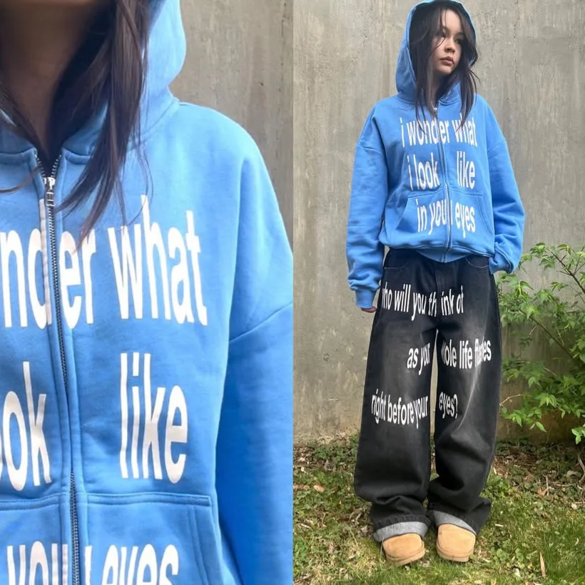 سويت شيرت بسحاب مطبوع عليه حروف شخصية وأكمام طويلة، بلوفر بقلنسوة، سترة كلاسيكية، اتجاه الشارع