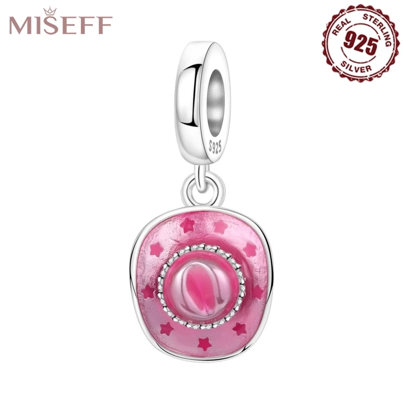 

MISEFF 925 Sterling Silver Pink Cowboy Hat Pendant Charms Beads Original Bracelet DIY Jewelry Making For Female Women Gifts